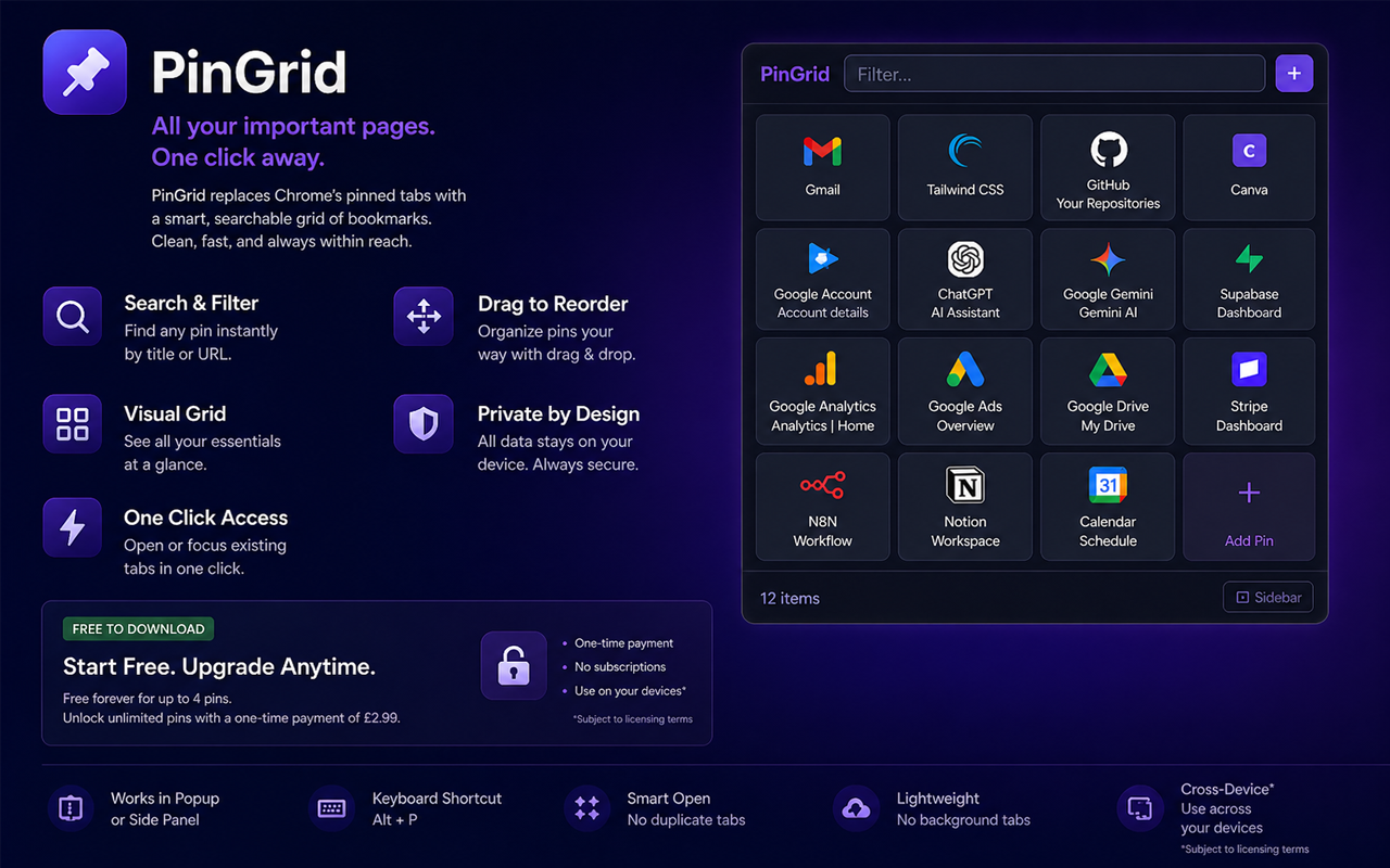 PinGrid grid view with search and pinned pages