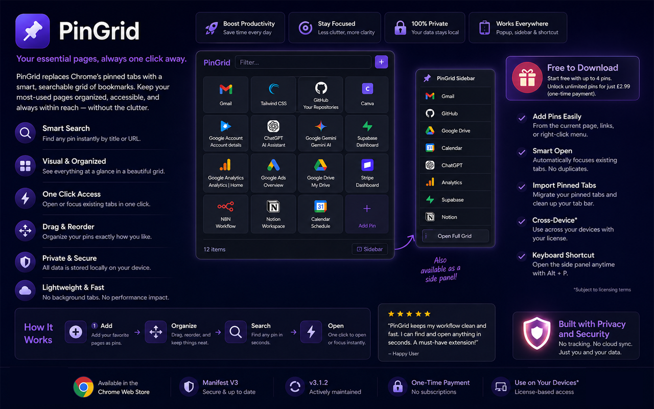 PinGrid feature overview — local-first, lightweight, one-click migration